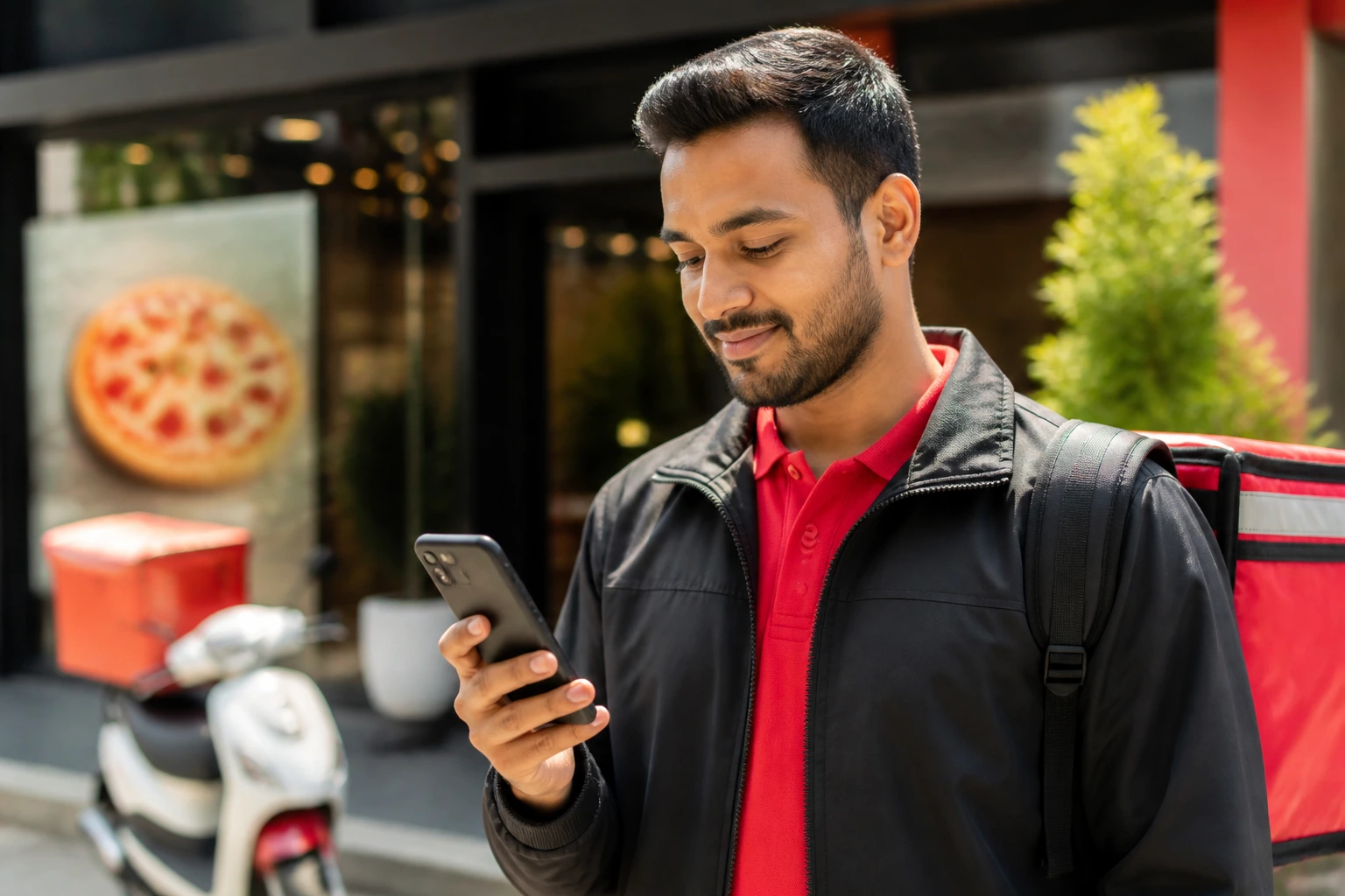 Person in casual-professional attire looking at phone against blurred storefront background