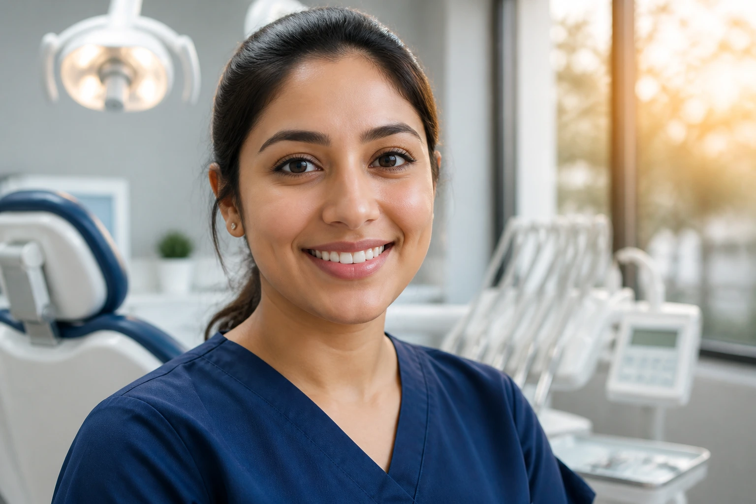 Close-up portrait of a dental hygienist in a modern clinic representing visa sponsorship context