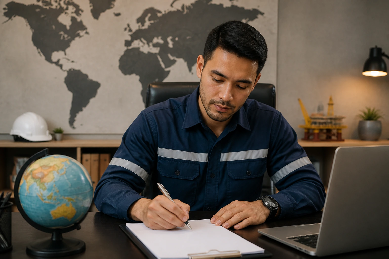 Engineer at desk with globe, representing visa sponsorship