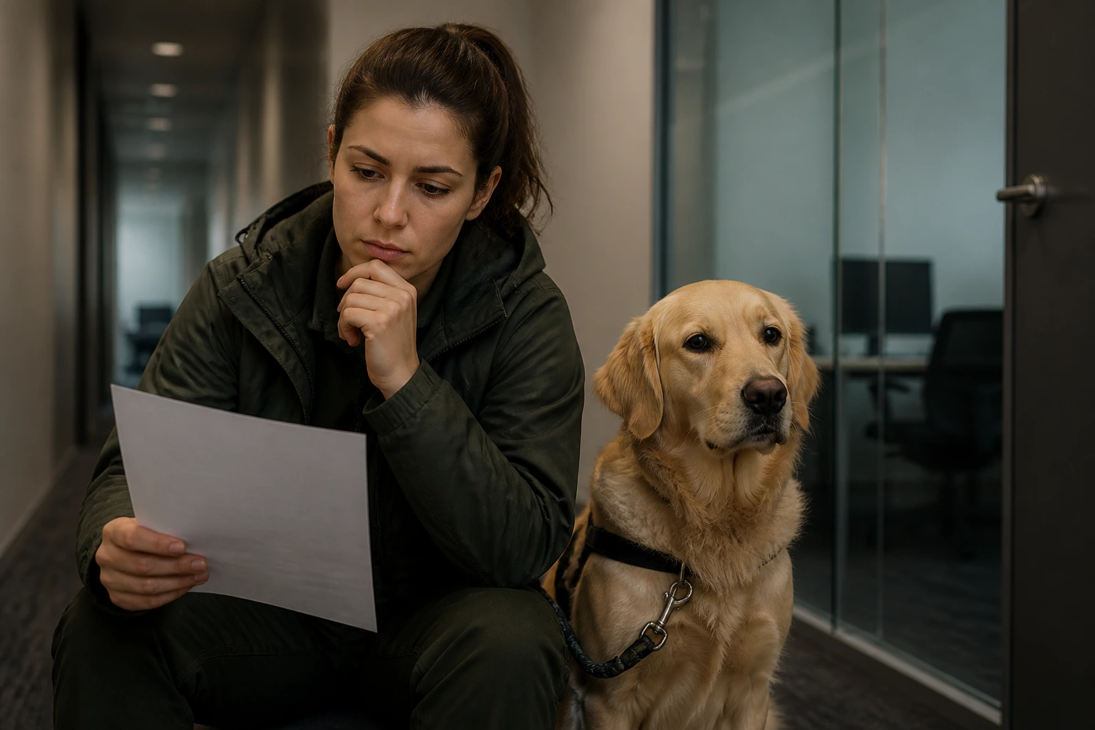 Pet care professional with a dog in a calm office-like setting