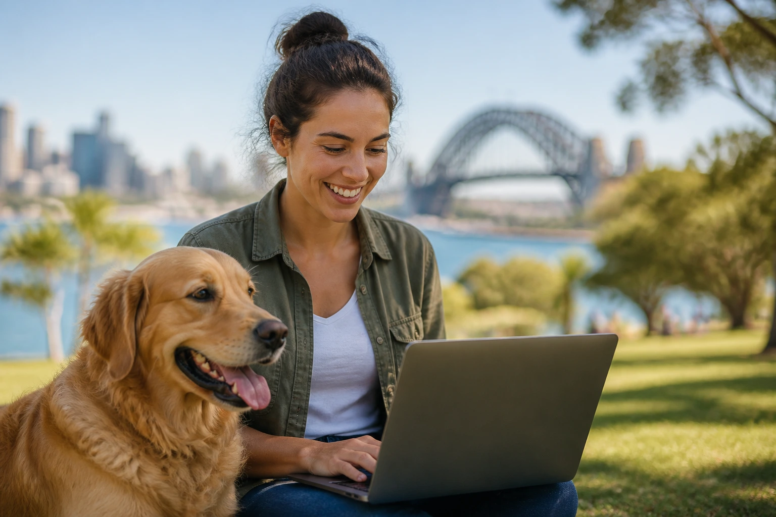 Person using laptop in park with dog, illustrating job search for sponsorship
