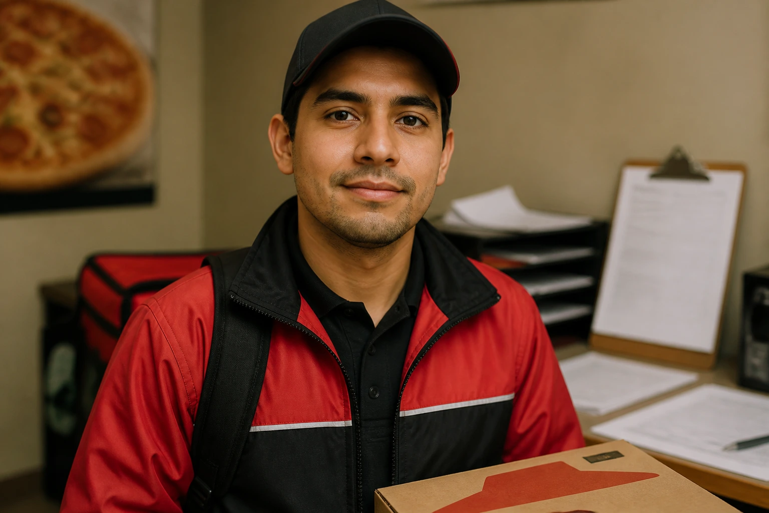 Medium close-up of a pizza delivery driver in uniform in a small office with blurred papers.