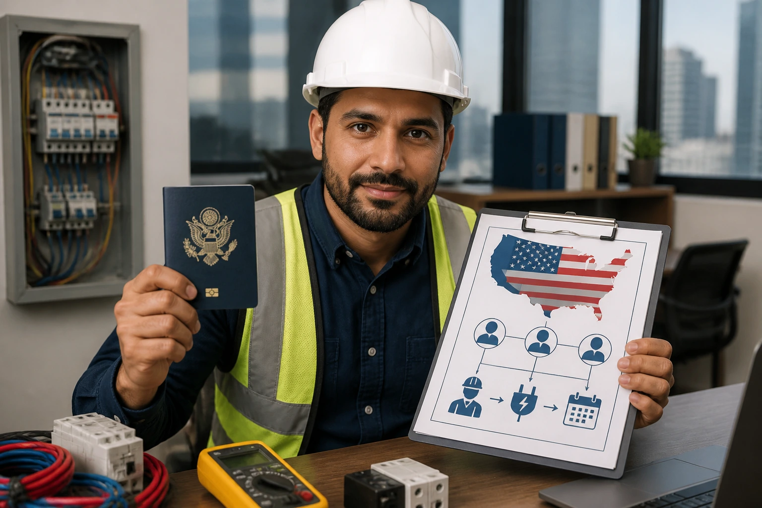 Electrician in an office setting representing sponsorship pathways