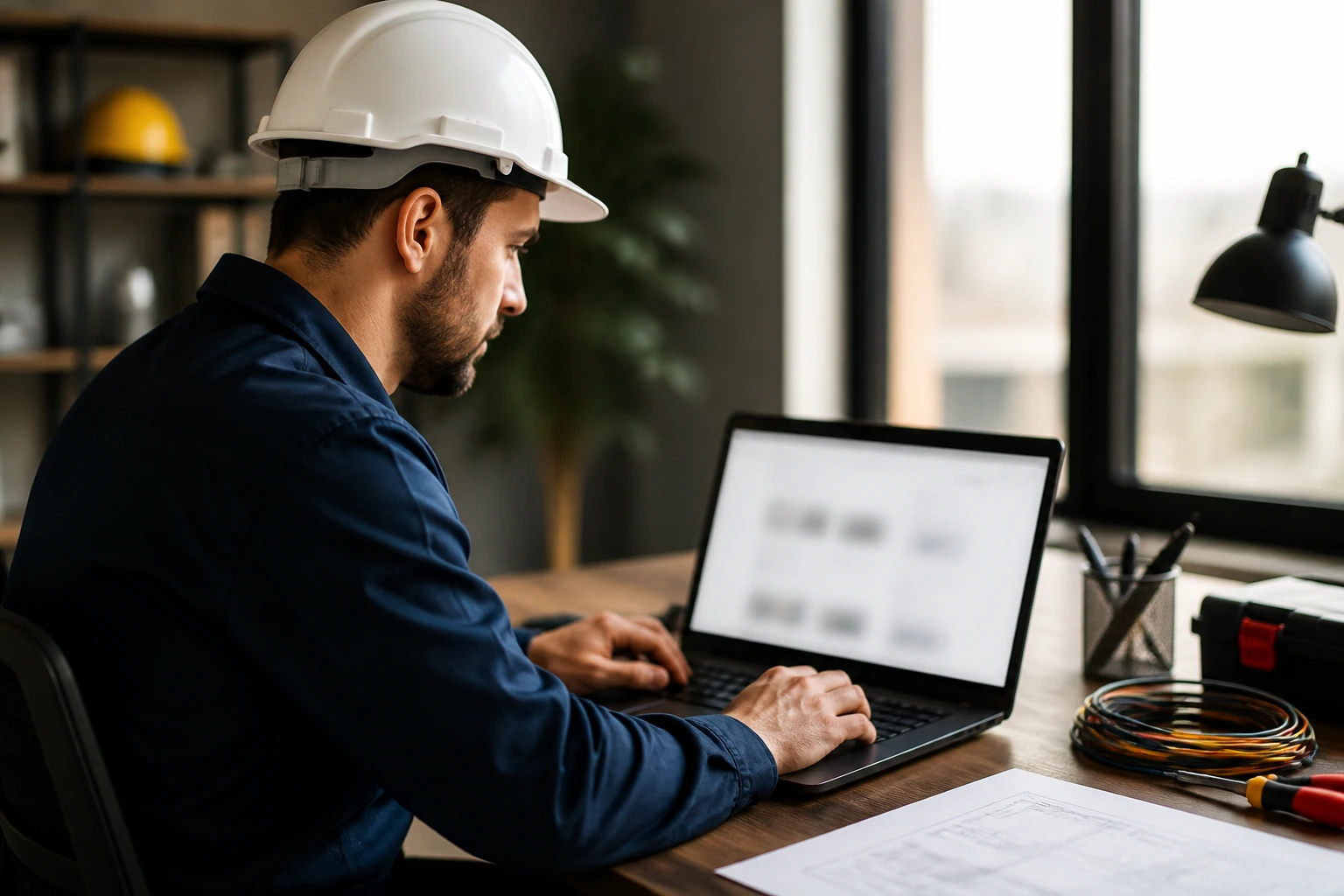 Electrician at a desk looking at a laptop with blurred job listings on screen