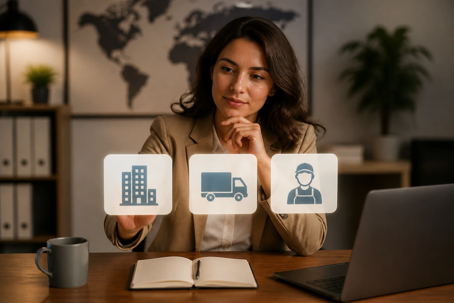 Person evaluating visa sponsorship with icons representing employer, role, and worker.