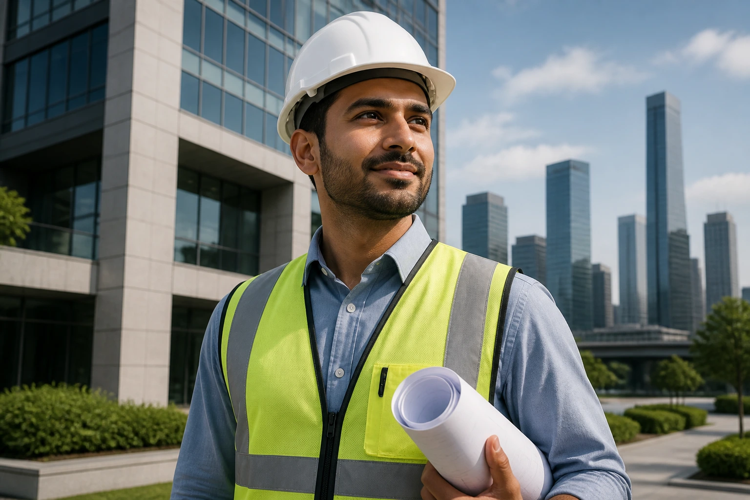 Portrait of a civil engineer in front of an office building, symbolizing visa sponsorship employers
