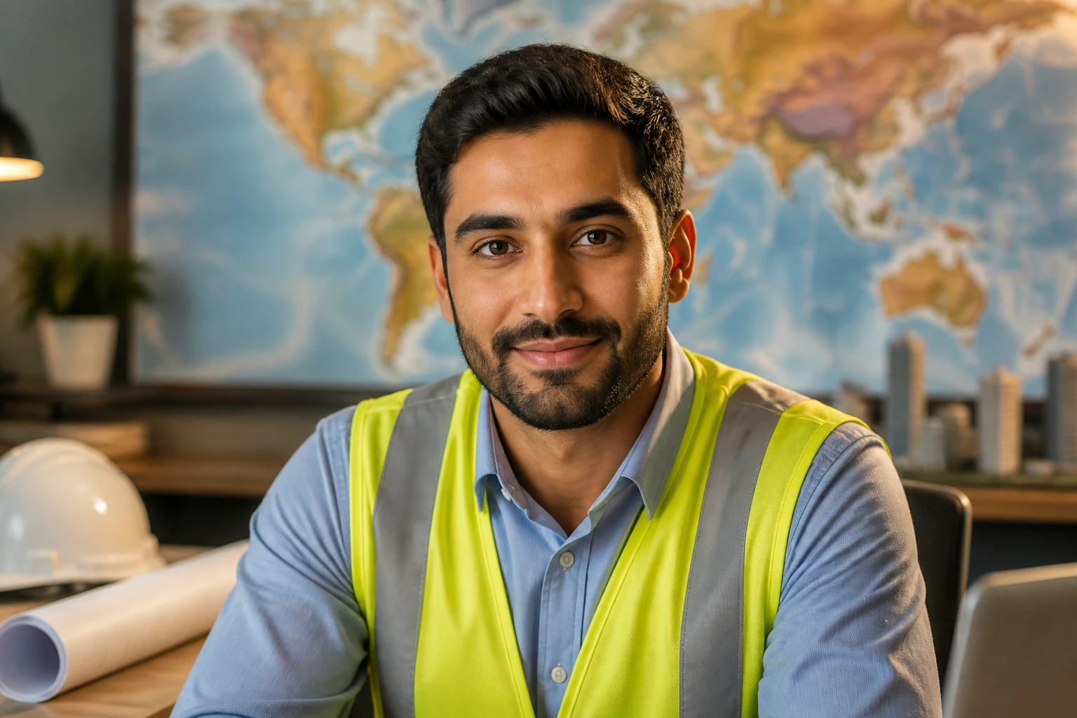 Engineer portrait with global map backdrop illustrating visa sponsorship