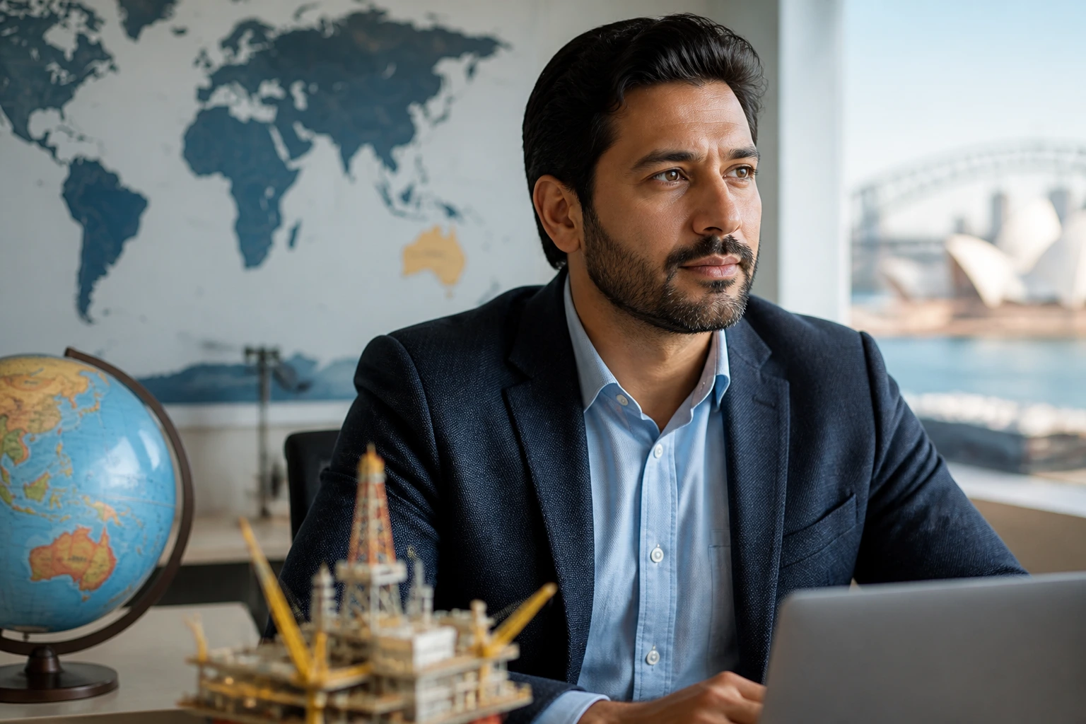 Engineer in an office with a world map backdrop contemplating visa options