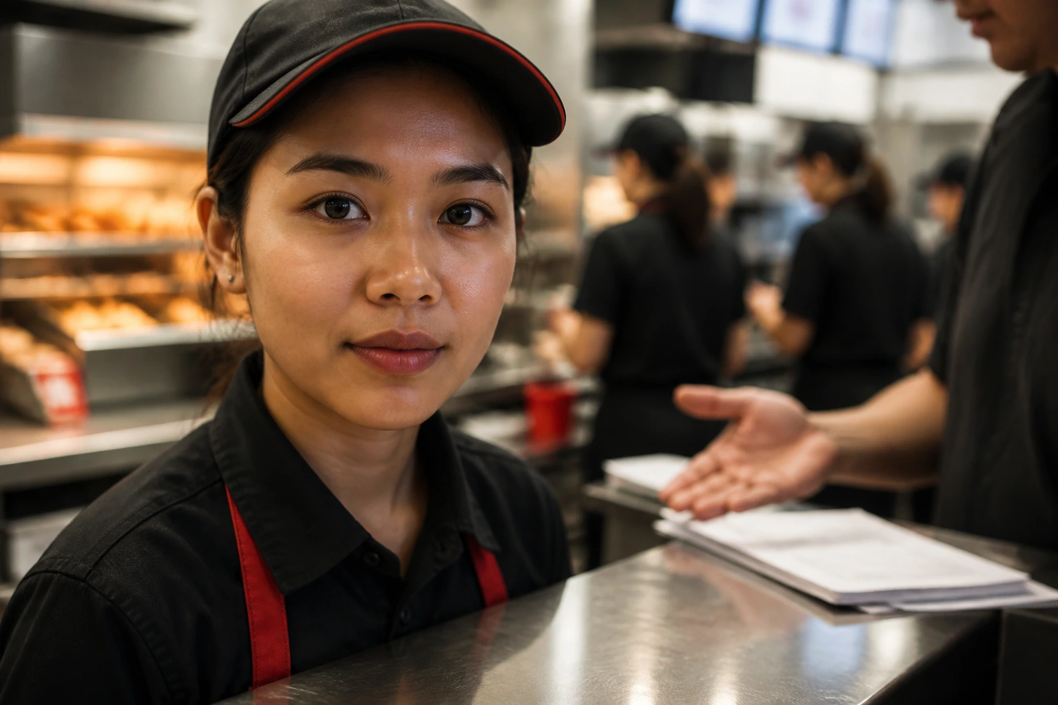 Close-up of a real fast-food worker at a counter illustrating visa sponsorship concept in the UK