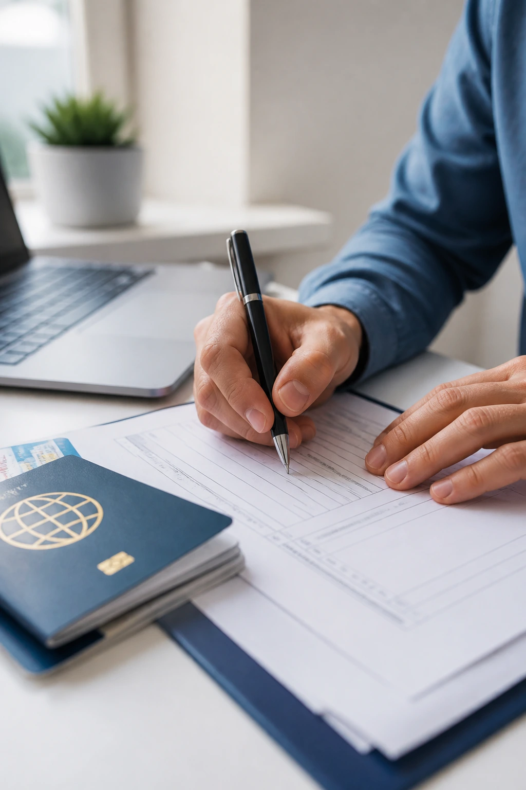 Close-up of hands filling visa sponsorship forms with passport and laptop in background