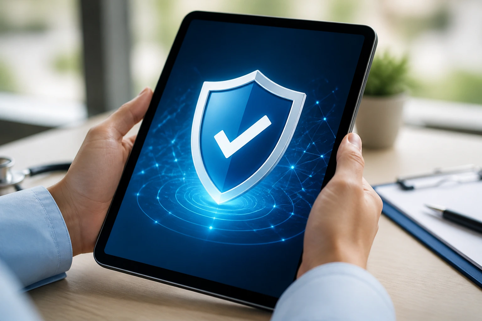 Close-up of hands holding a tablet showing a shield icon symbolizing visa sponsorship foundation