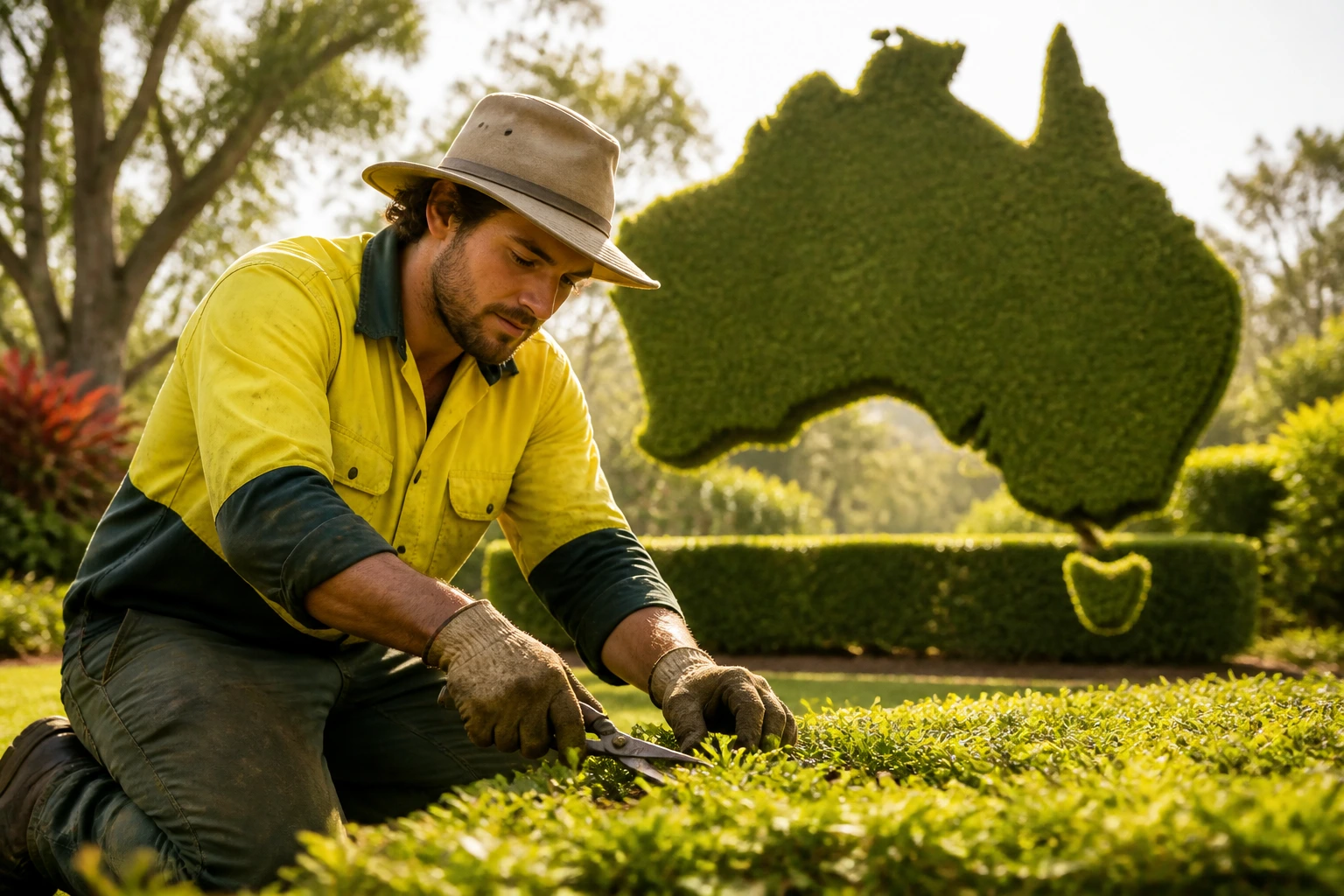 Portrait of gardener in garden with map silhouette of Australia in background, symbolizing visa sponsorship connection