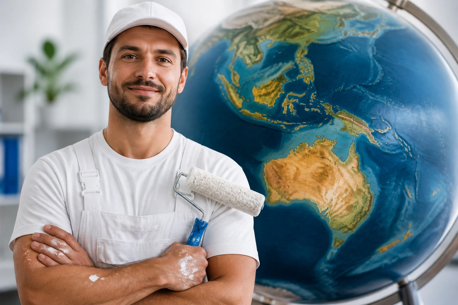 Portrait of a professional candidate with a globe backdrop symbolizing visa pathways