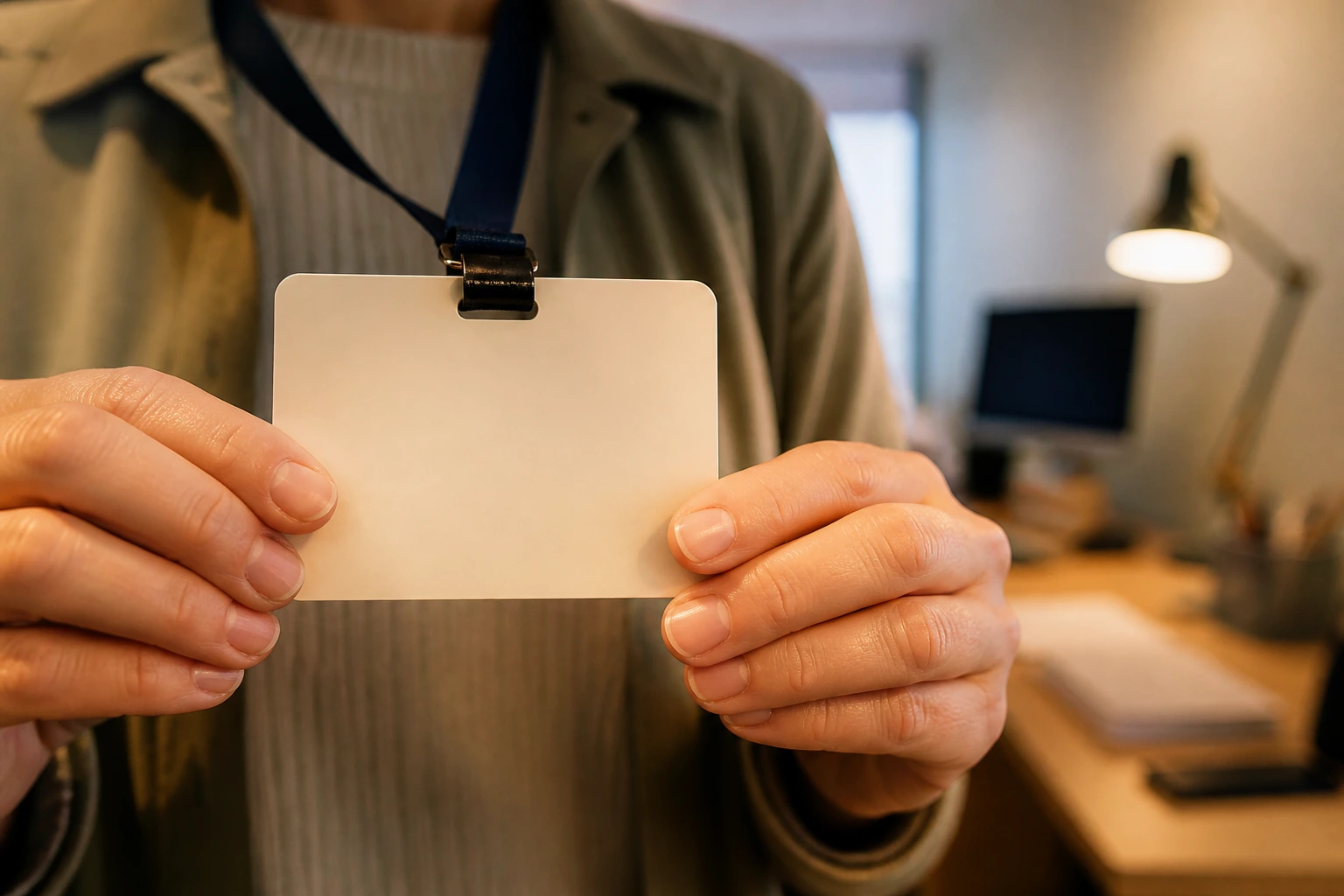 Hands holding a blank badge in a soft-lit office background, symbolizing visa sponsorship