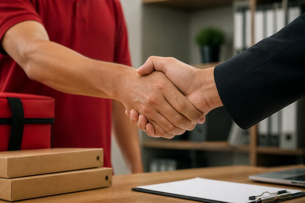 Close-up handshake symbolizing visa sponsorship in an office setting