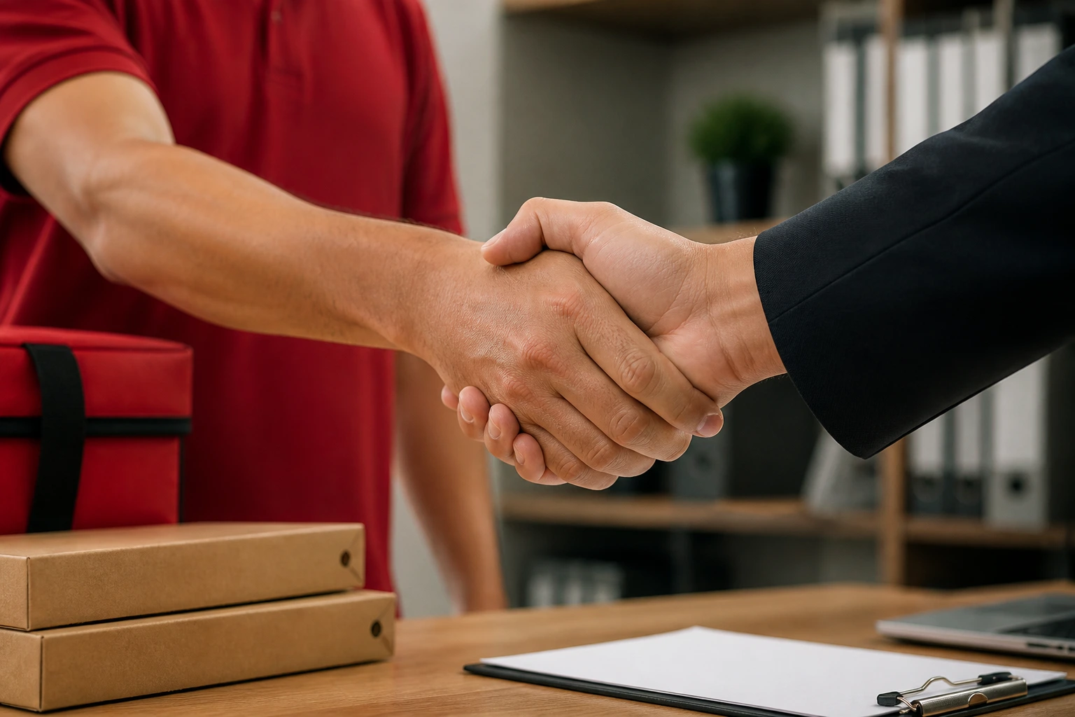 Close-up handshake symbolizing visa sponsorship in an office setting