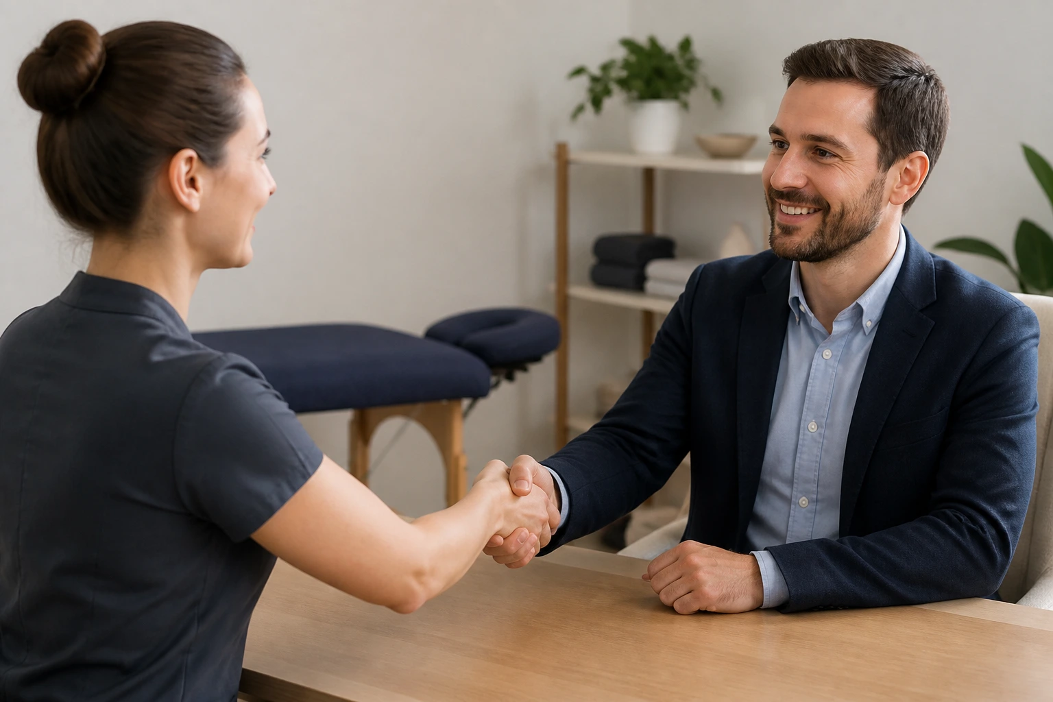 Handshake between therapist and manager representing sponsorship discussions