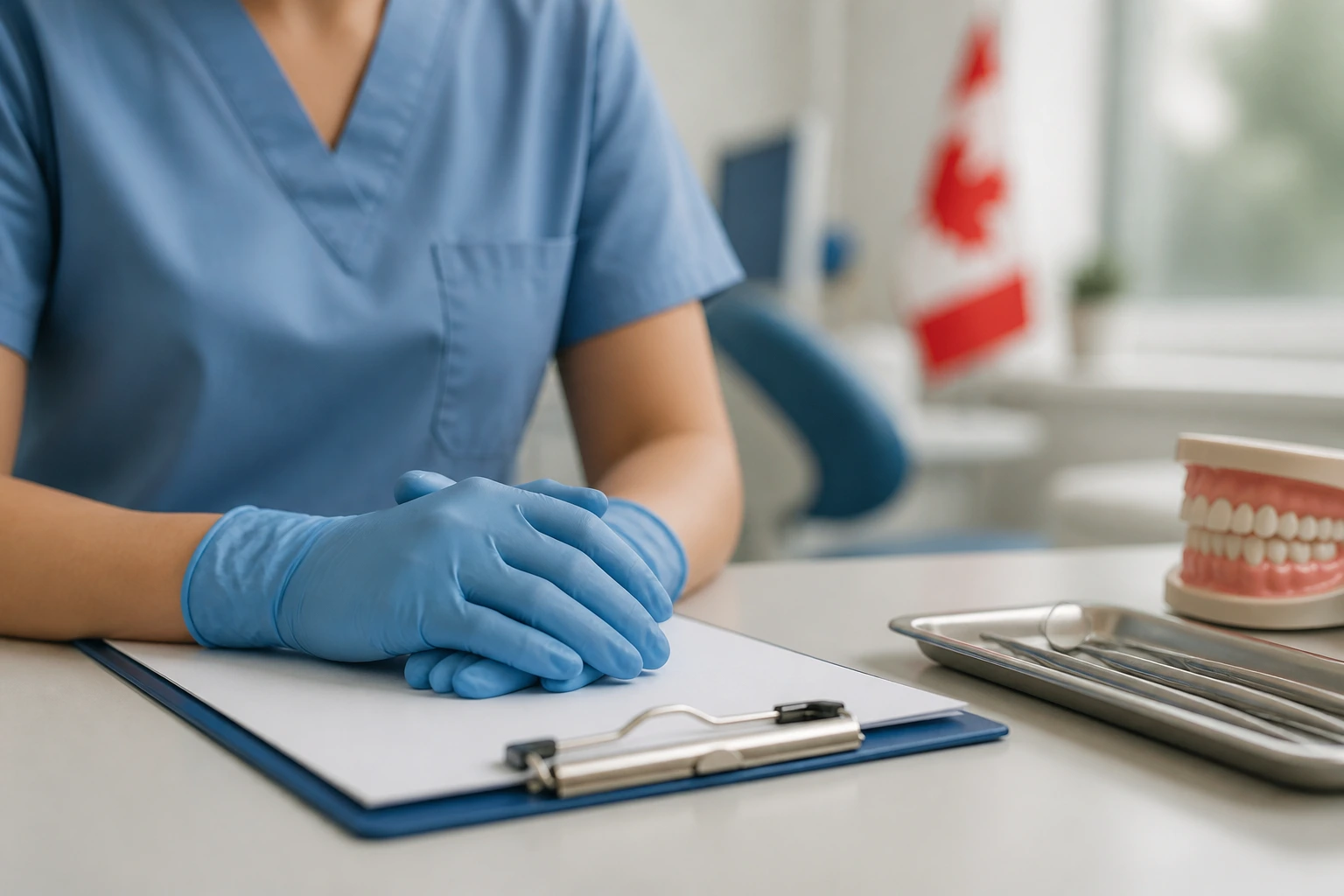 Close-up of a healthcare professional's hands in a clinic setting