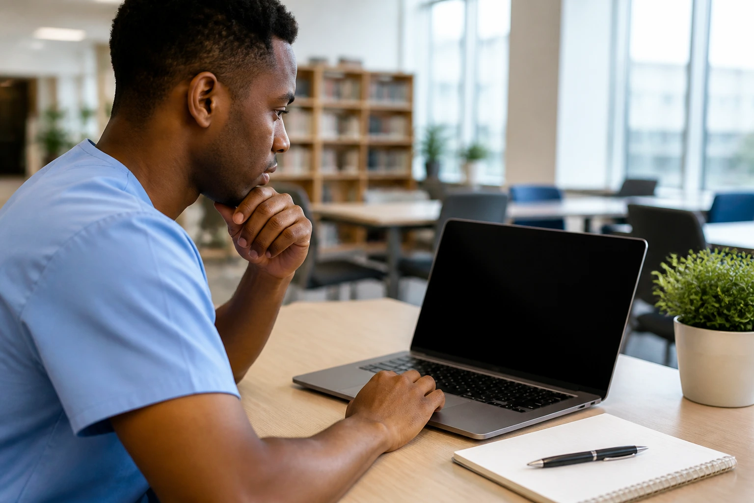Person researching hospital jobs in a career center with a laptop screen off.