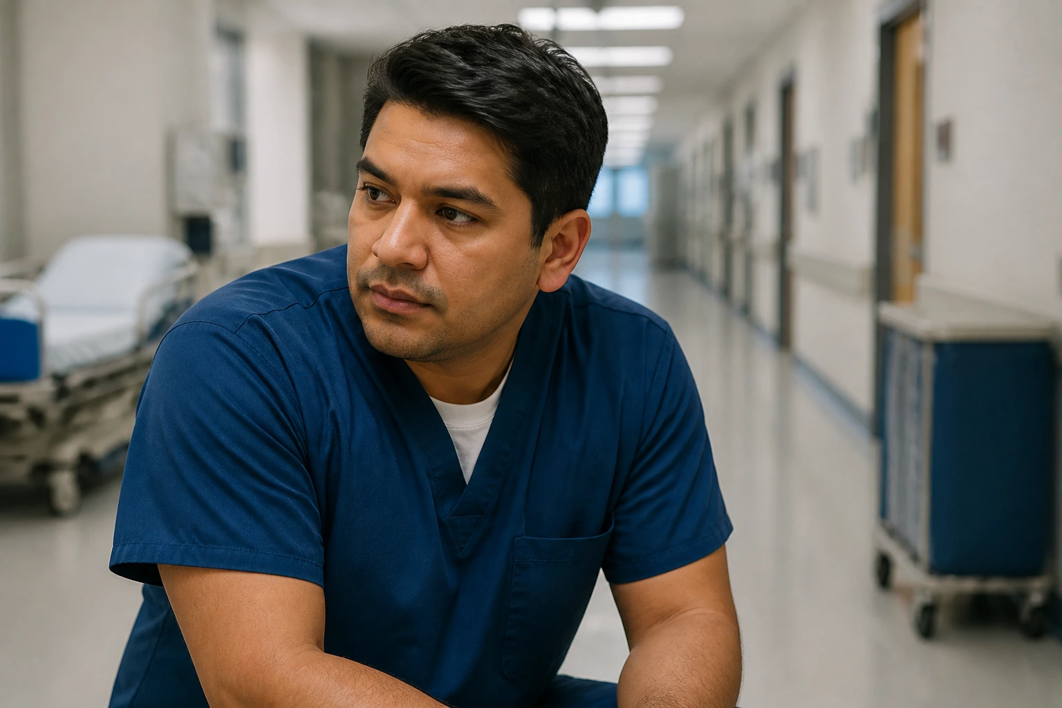 Close-up of a hospital support worker in a corridor, reflecting on sponsorship challenges.