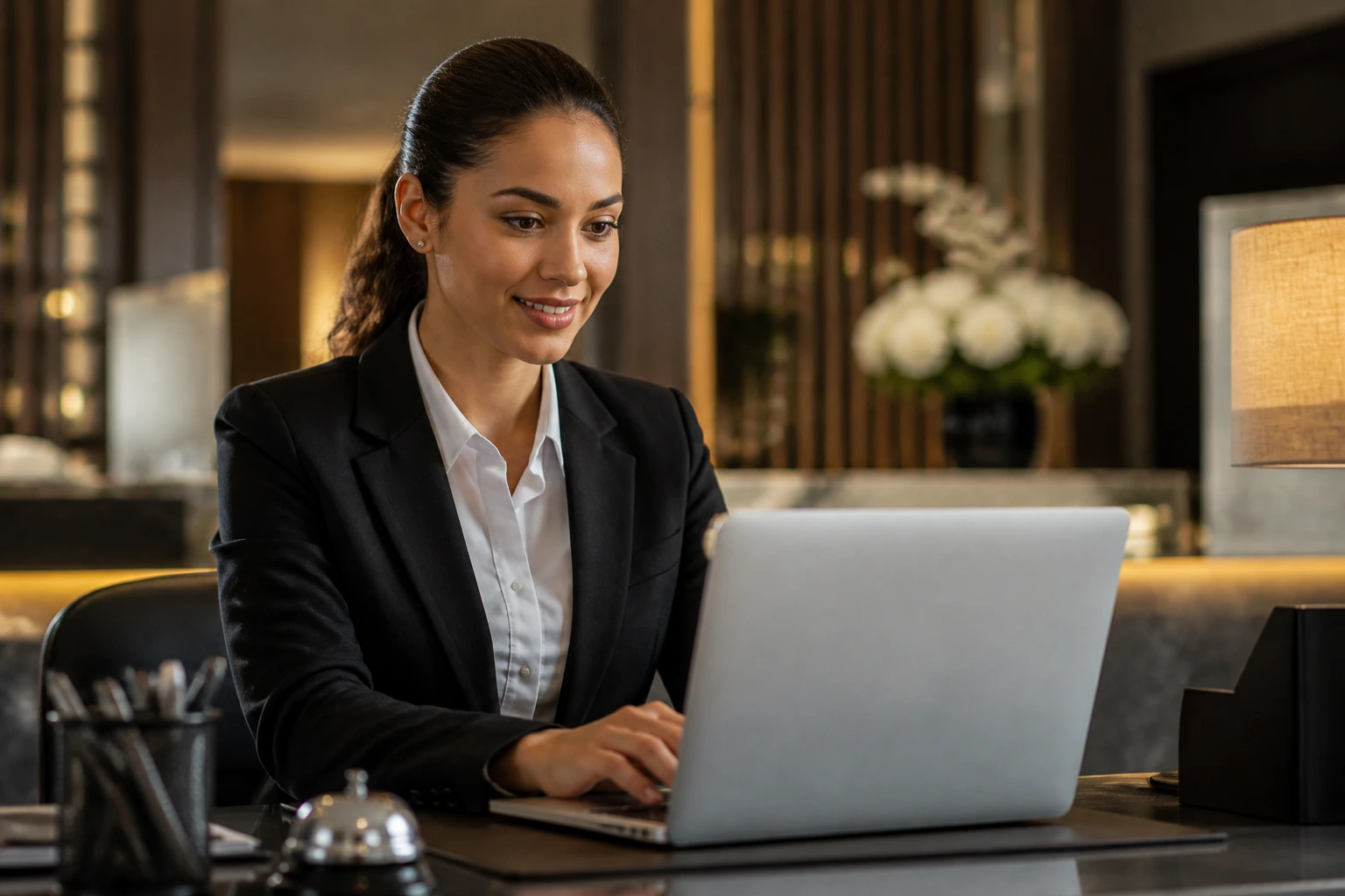 Person at a desk with a laptop in a hotel HR setting, contemplating visa sponsorship job options