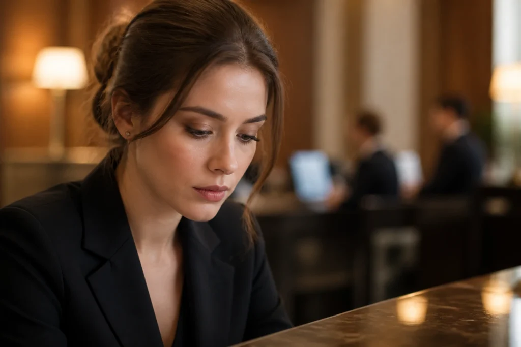 Thoughtful receptionist in hotel lobby reflecting sponsorship landing challenges