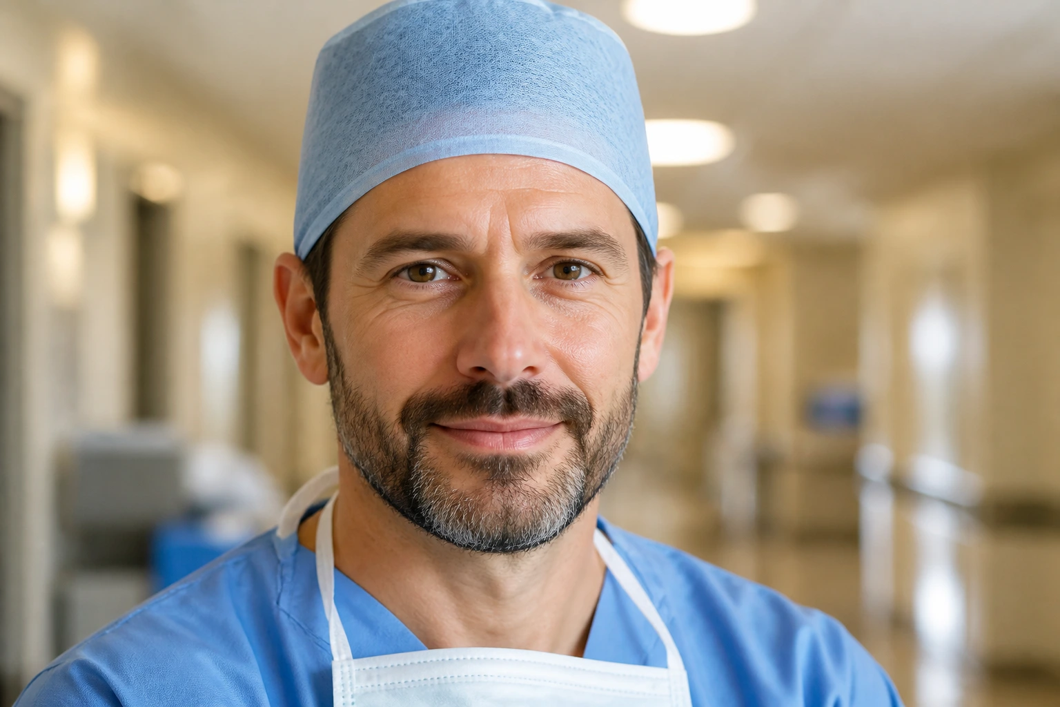Clinician portrait in a hospital hallway