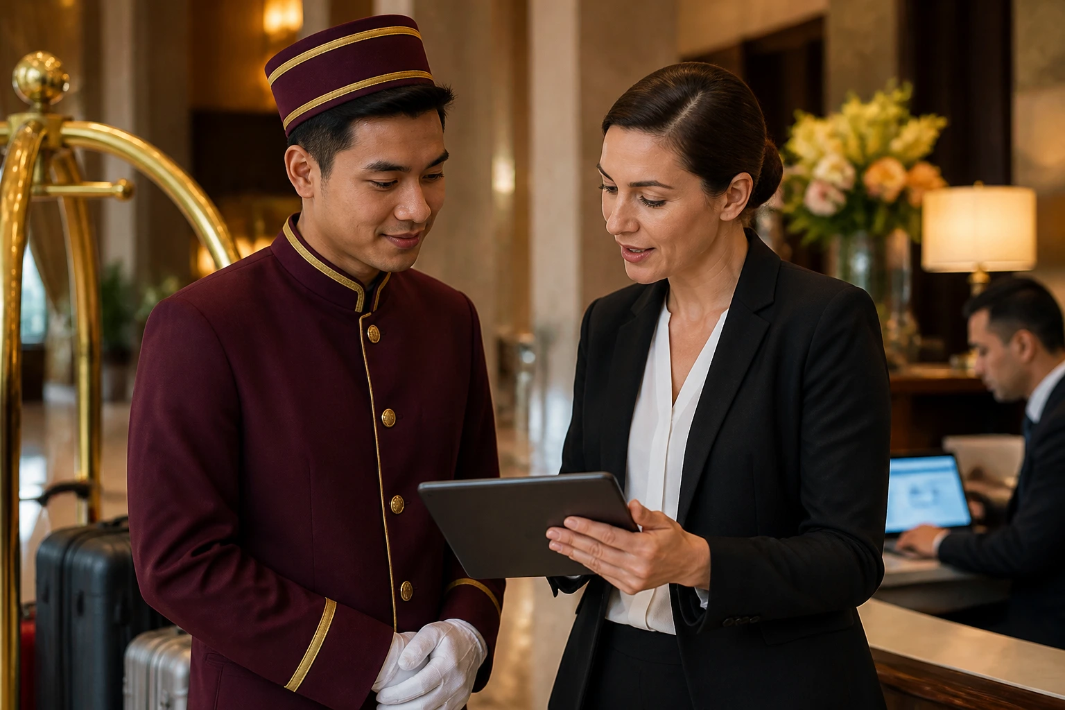 Bellhop discusses sponsorship with HR manager in hotel lobby