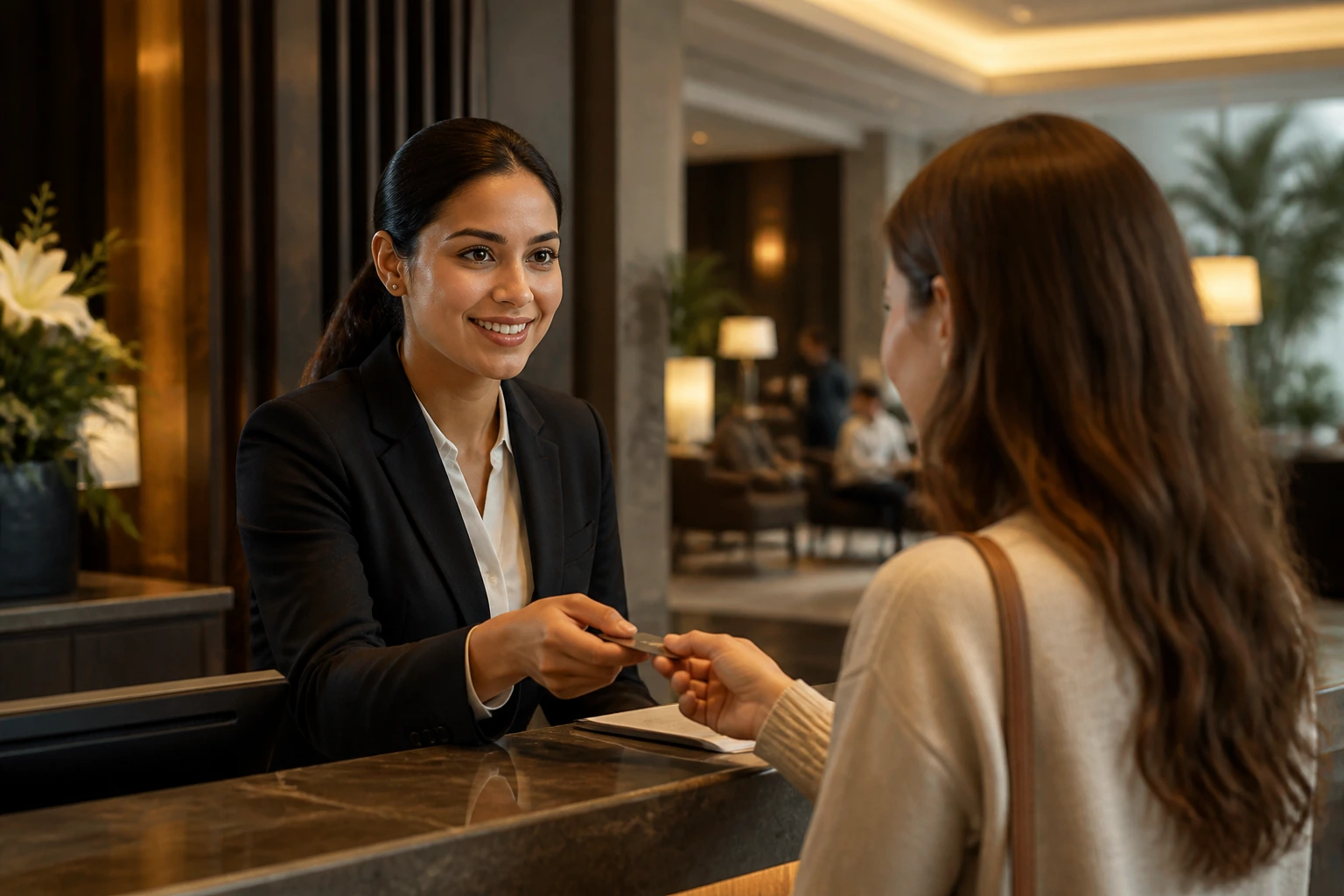 Close-up of a hotel front desk receptionist with guest illustrating sponsorship at the lobby front desk