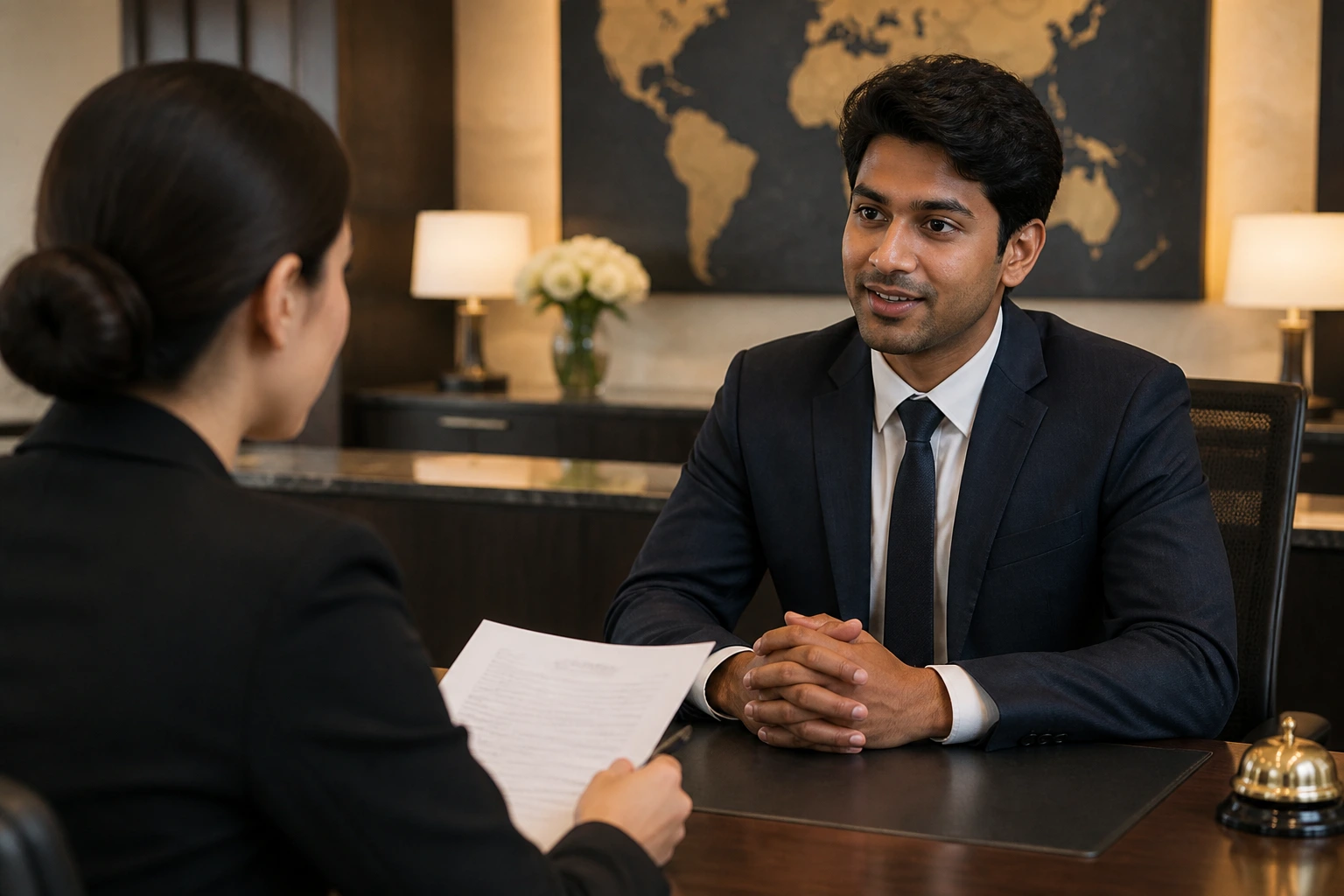 HR interview scene discussing visa sponsorship for hotel jobs