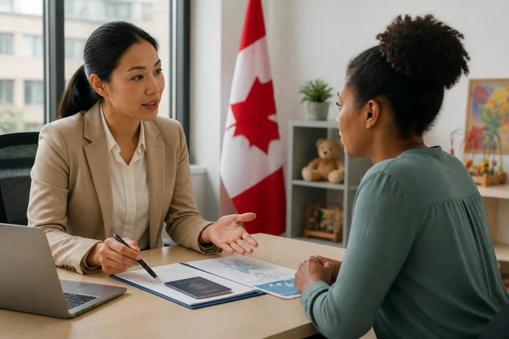 Two professionals discussing immigration steps at a desk in a bright office