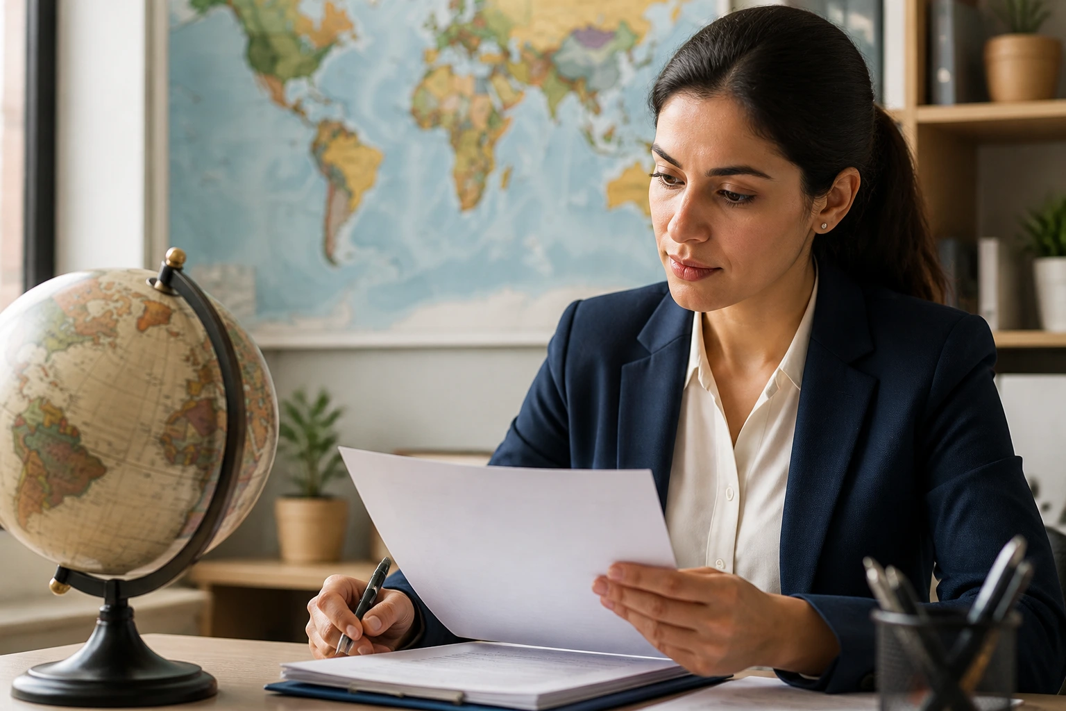 Professional reviewing immigration documents with a globe in a real office.