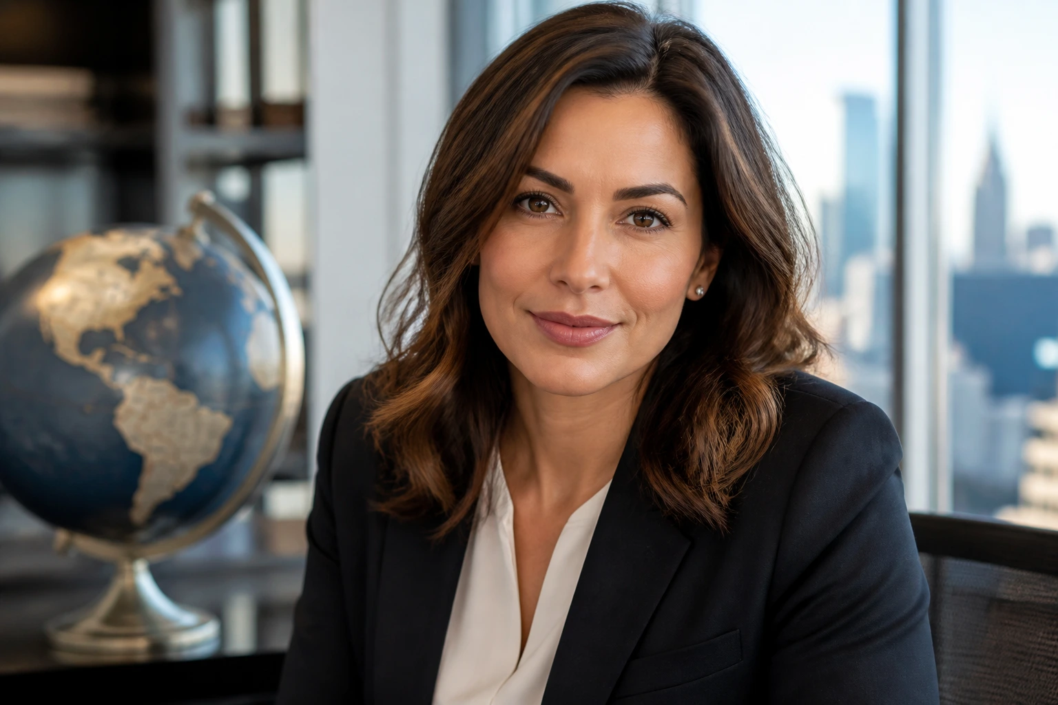Close-up portrait of a professional in an office with a globe backdrop, symbolizing visa sponsorship in US insurance sales
