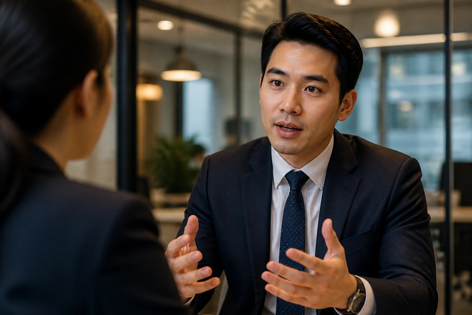 Close-up of a financial analyst in an interview room, illustrating employer commitment for sponsorship
