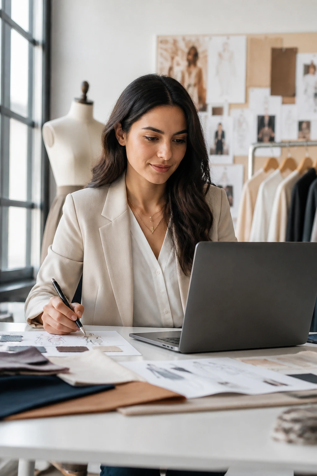 Portrait of a fashion designer at a desk with laptop preparing materials for visa sponsorship, no text visible