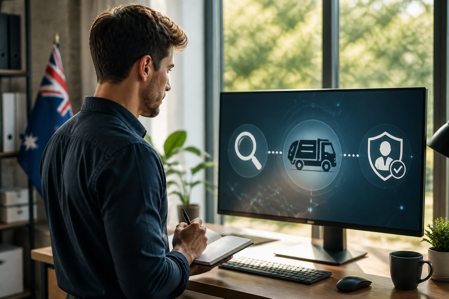 Job seeker in an office looking at a screen with abstract sponsorship icons
