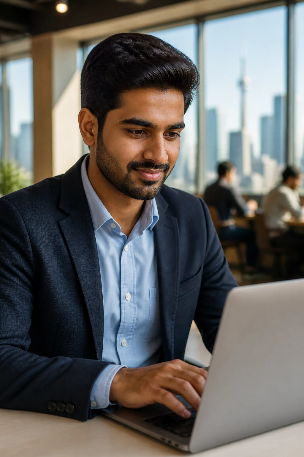 Professional using a laptop in a coworking space representing visa sponsorship job search.
