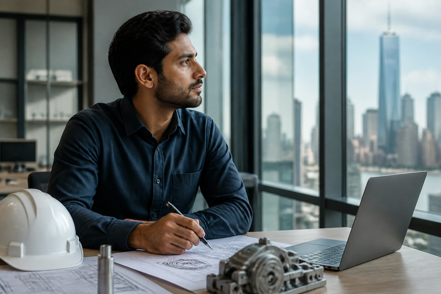 Engineer in office with city view symbolizing visa sponsorship search