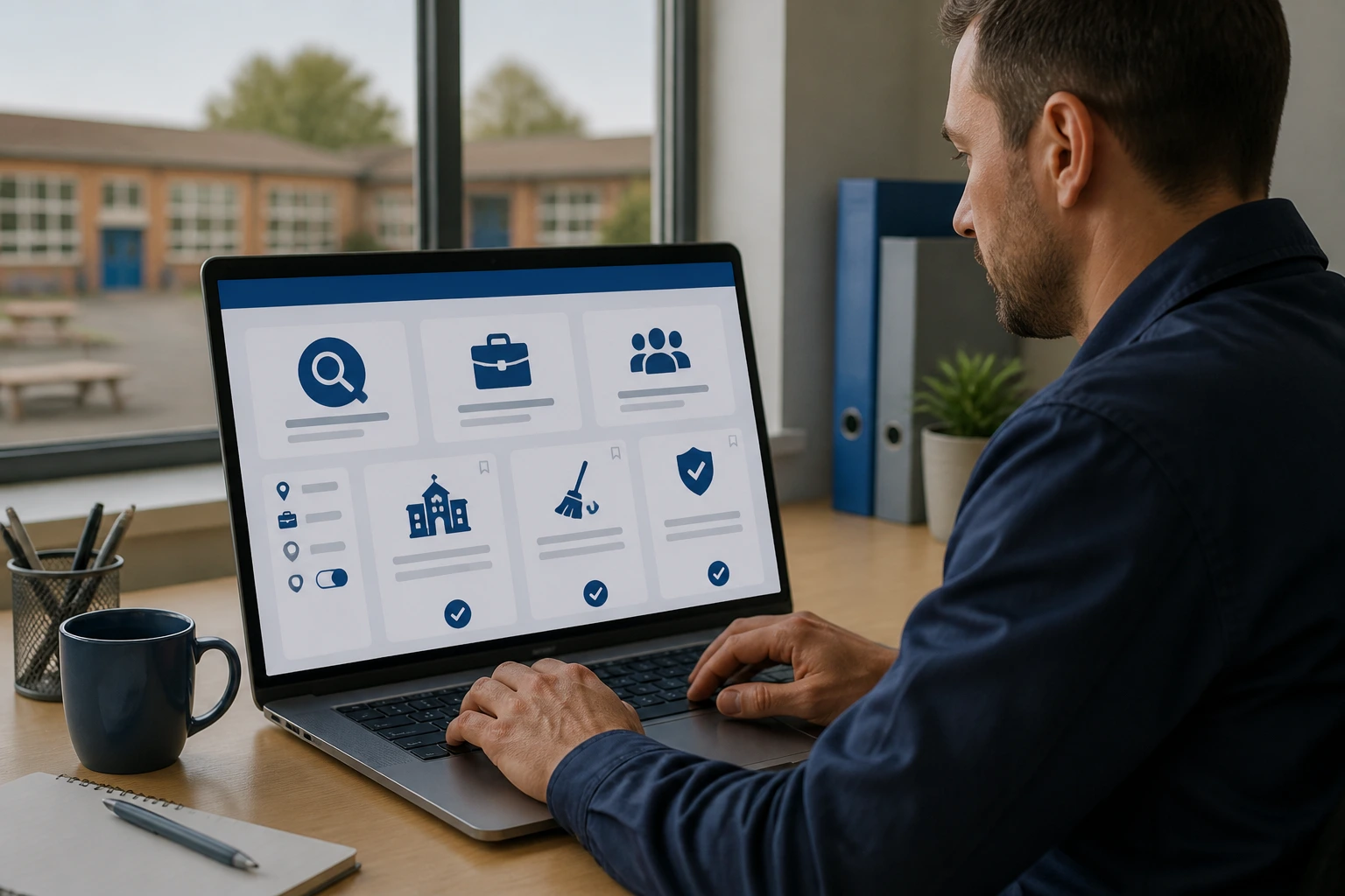 Adult at desk reviewing a laptop screen with sponsorship icons in a modern office