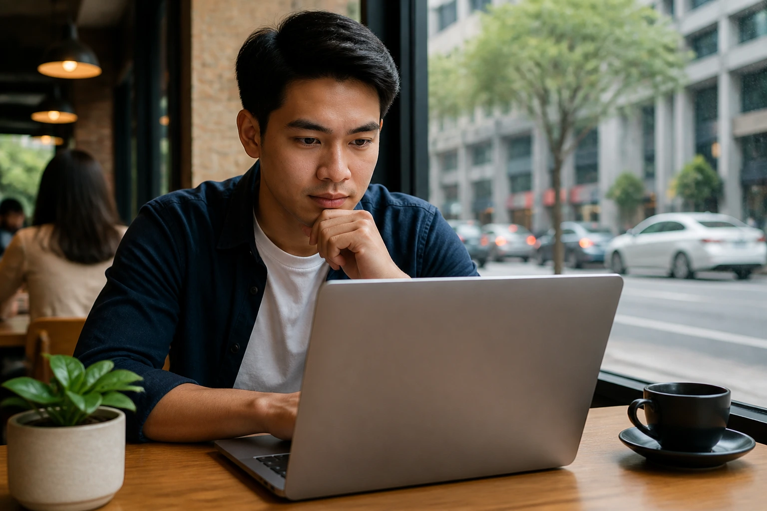 Job seeker researching sponsorship job openings at a cafe