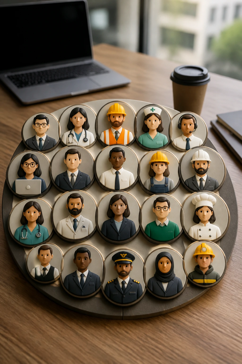 Close-up collage of professional icons representing popular visa-sponsored jobs on a desk