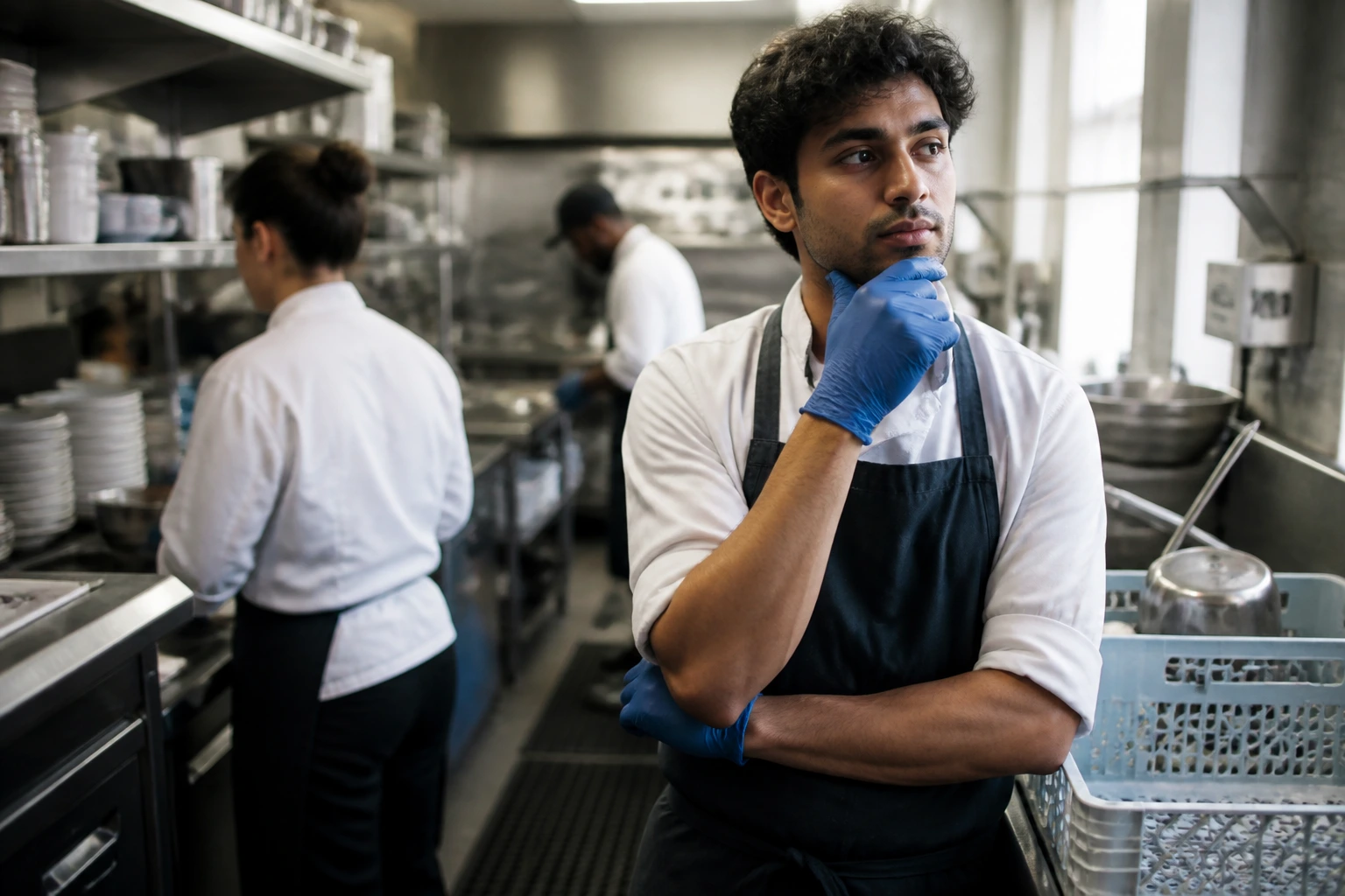 Thoughtful kitchen worker in uniform in busy kitchen on sponsorship challenges