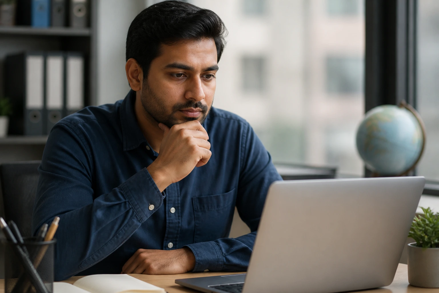 Close-up of an international applicant at a desk with laptop