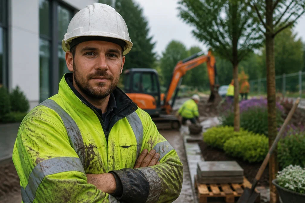 Portrait of a skilled landscaper on a UK site wearing high-vis gear
