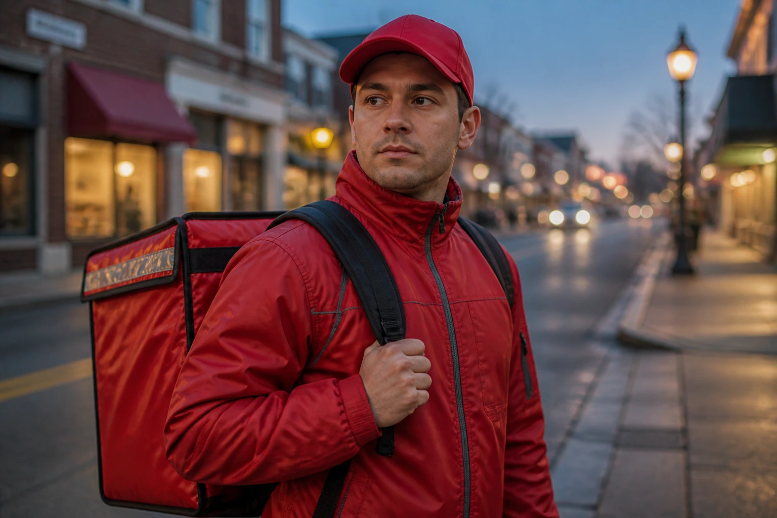 Delivery driver on a quiet town street with backpack