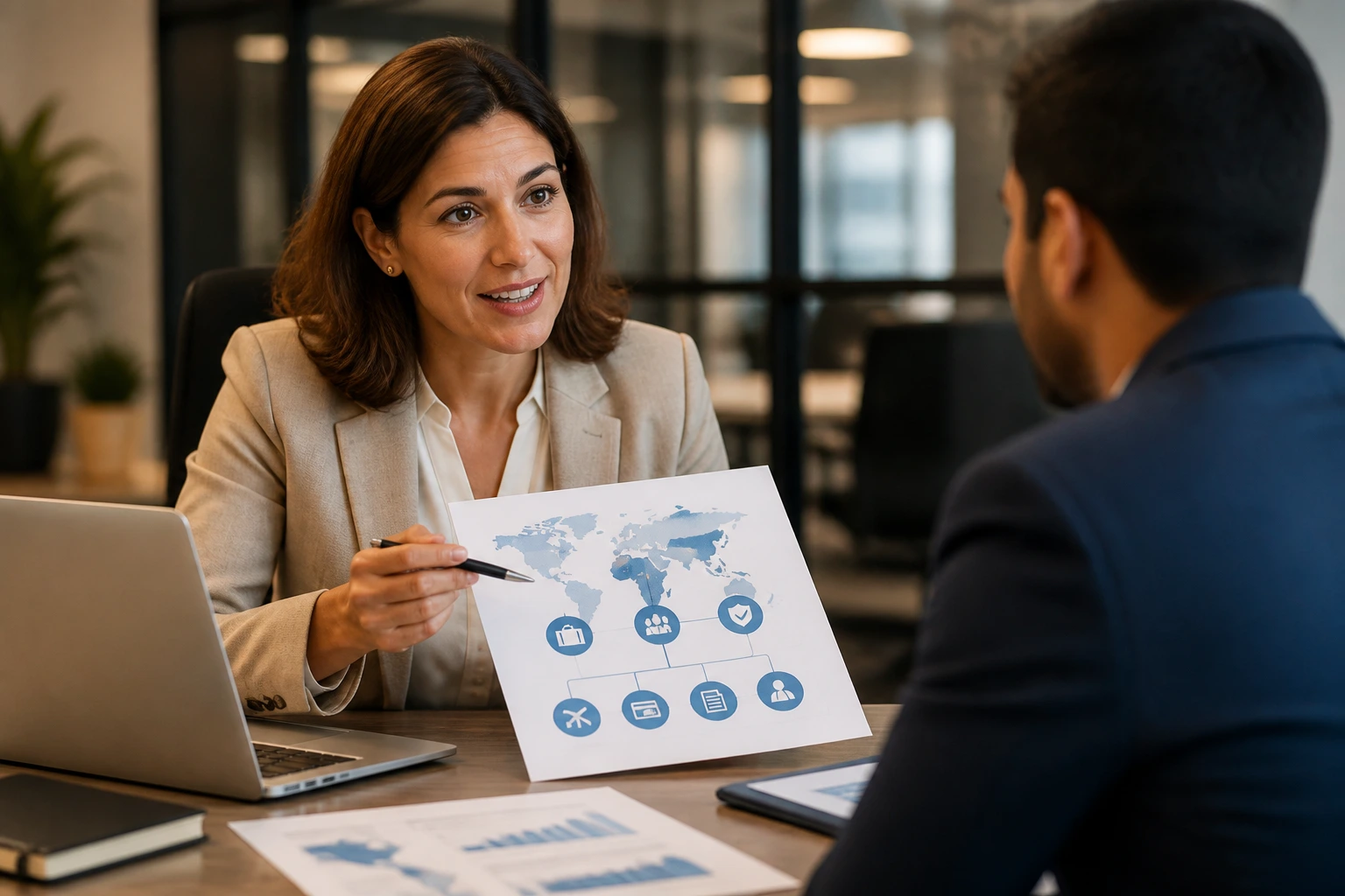 HR manager consulting with a candidate in an office about sponsorship