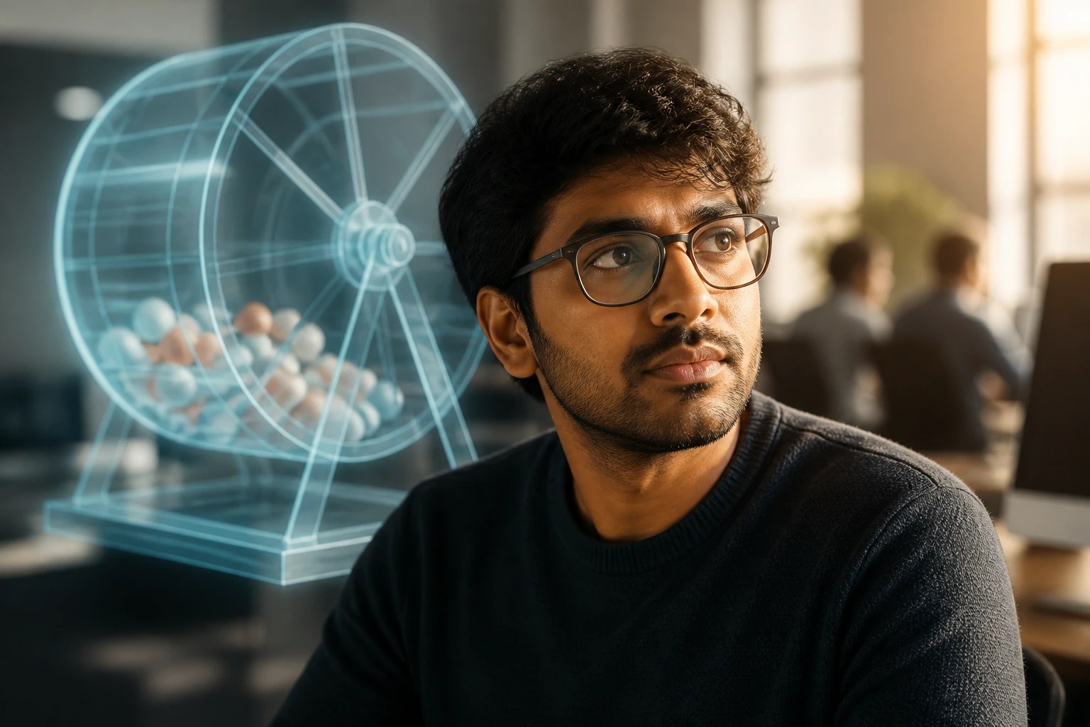 Portrait of a software engineer with a holographic lottery wheel behind, symbolizing visa lottery reality.