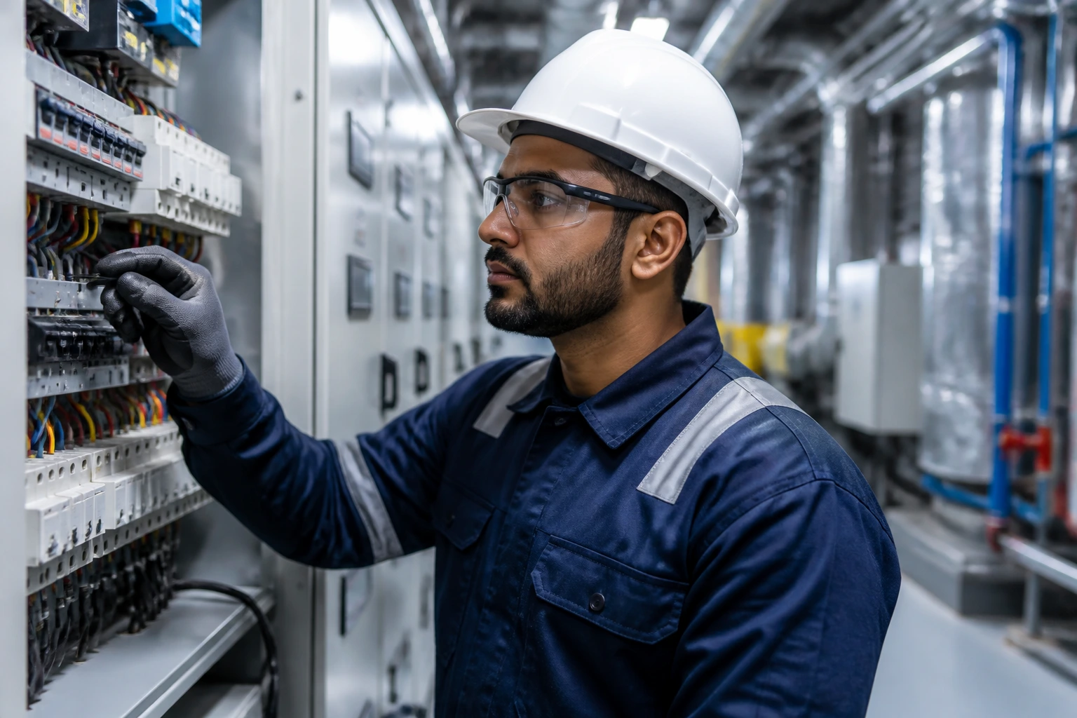 Maintenance engineer in uniform inspecting electrical panel in a service corridor
