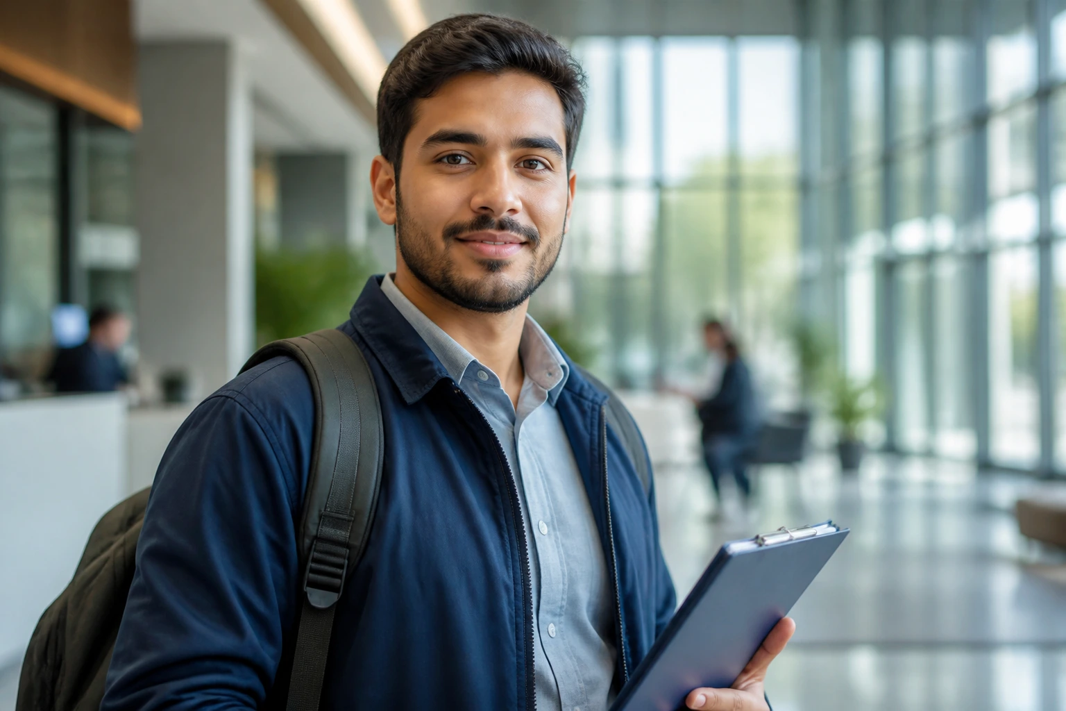 Job seeker in a modern corporate lobby seeking visa-sponsored maintenance roles.