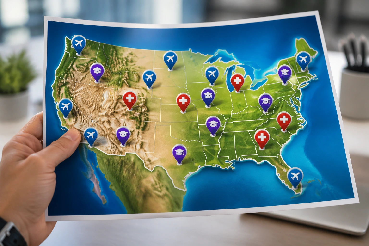 Close-up of a hand holding a stylized USA map with visa sponsorship icons as markers